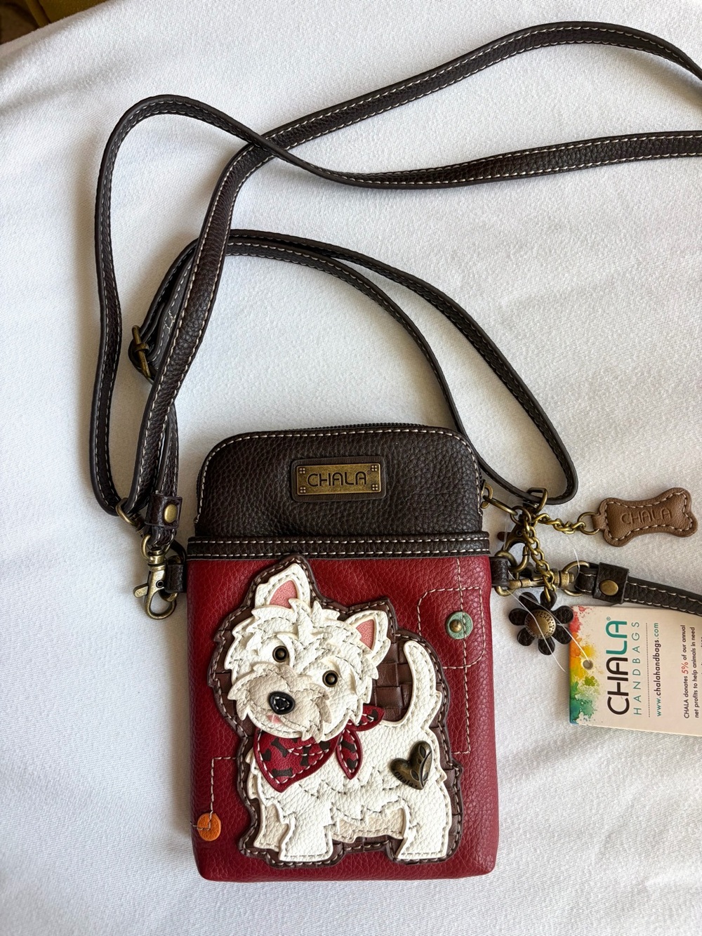 Chala NWT Crossbody Phone Pouch/wallet, White Westie, charms, 7x5 - Picture 6 of 11